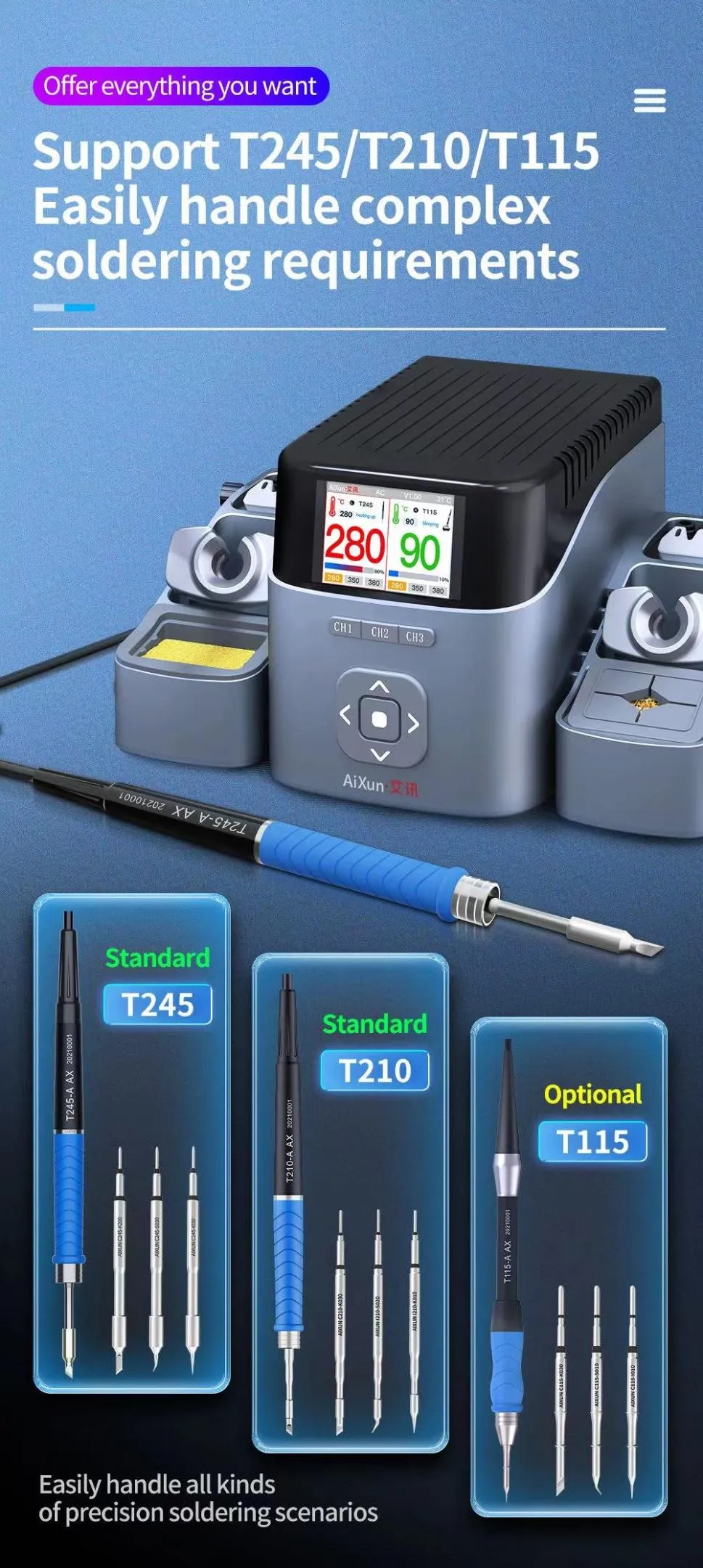 Aixun T420D 200W T245/T210/T115 High-precision Intelligent Double Soldering Station for PCB BGA Repair