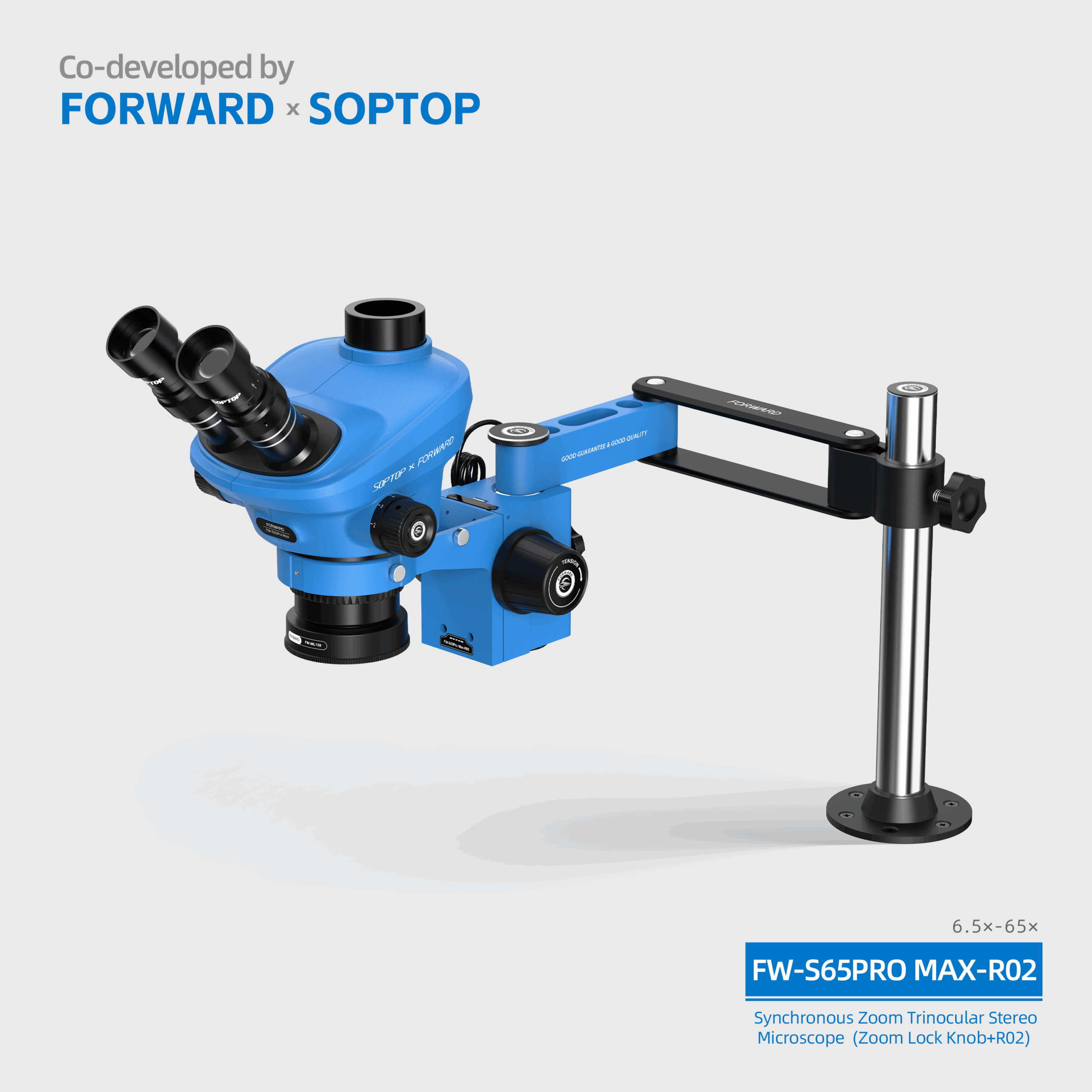 FORWARD × SOPTOP FW-S65 Pro Max-R02 7X–65X Synchronous Zoom Trinocular Stereo Microscope