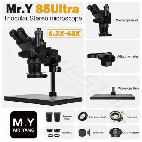Mr. Yang 85 Ultra 6.3X–68X Continuous Zoom Trinocular Microscope