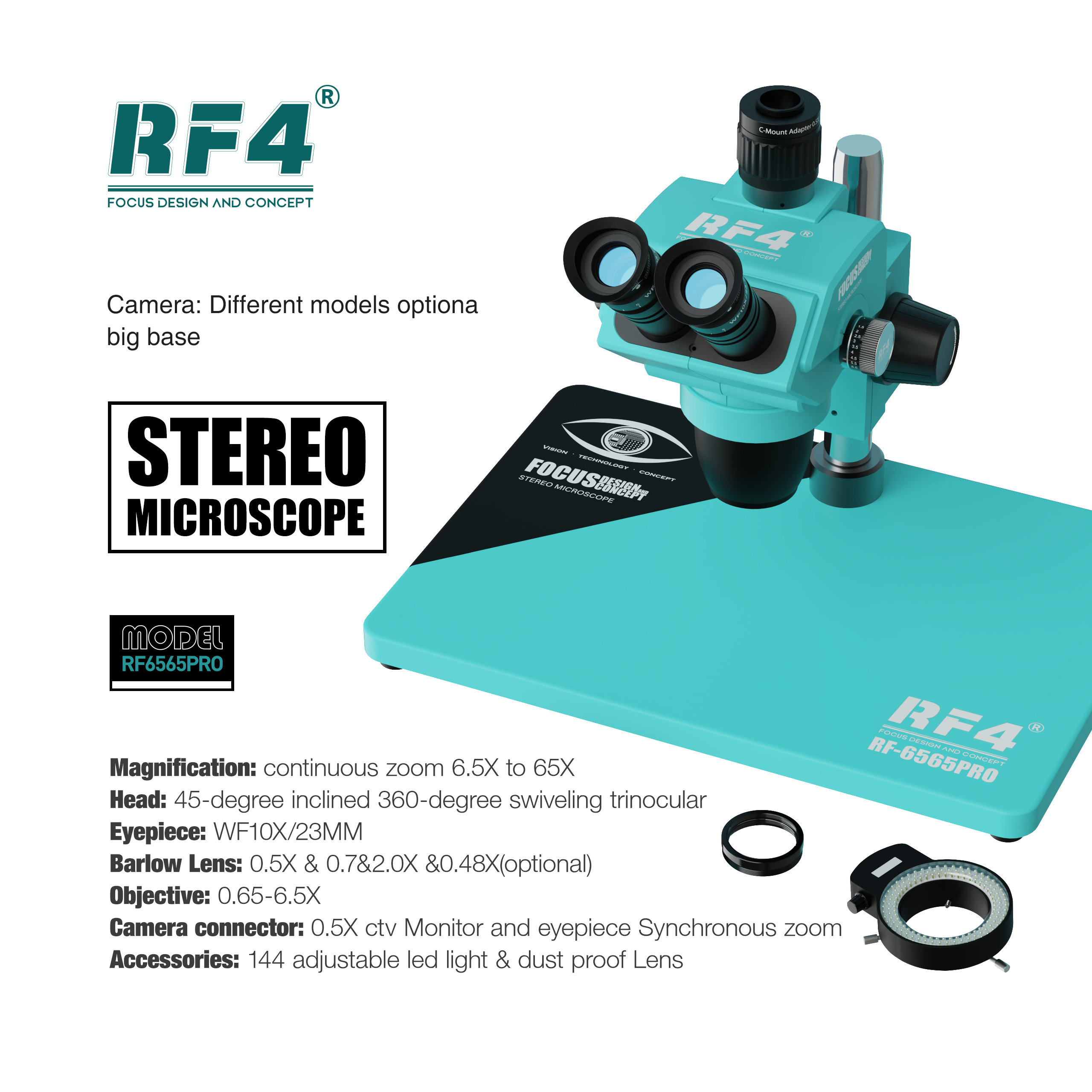 RF4 RF-6565PRO-FO22 Trinocular Stereo Microscope – Professional Edition